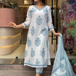 Nermosa Women Cotton Block Printed Kurta Pant With Dupatta